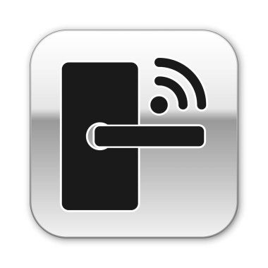 Beyaz arka planda yalıtılmış simge kilidini açmak için kablosuz teknolojiye sahip Siyah Dijital kapı kilidi. Kapı kolu işareti. Kavramın güvenlik akıllı ev. Gümüş kare düğme. Vektör İllüstrasyonu