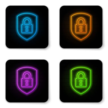 Beyaz arka planda izole edilmiş kilit simgesiyle parlayan neon Shield güvenliği. Koruma, güvenlik, şifre güvenliği. Güvenlik duvarı erişim gizlilik işareti. Siyah kare düğme. Vektör İllüstrasyonu