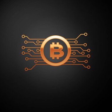 Altın Cryptocurrency kavramı bitcoin siyah arka plan üzerinde izole mikroçip devre simgesi ile daire içinde. Blockchain teknolojisi, dijital para piyasası. Vektör İllüstrasyonu