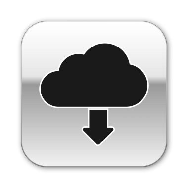 Siyah Bulut indirme simgesi beyaz arka planda yalıtılmış. Gümüş kare düğme. Vektör İllüstrasyonu