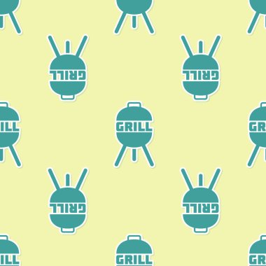 Yeşil Barbekü ızgara simgesi sarı arka plan üzerinde sorunsuz desen izole. Barbekü ızgara partisi. Vektör İllüstrasyonu