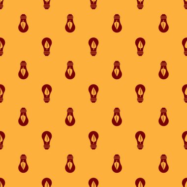 Yaprak simgesi ile Kırmızı Ampul kahverengi arka plan üzerinde izole dikişsiz desen. Eko enerji kavramı. Alternatif enerji konsepti. Vektör İllüstrasyonu