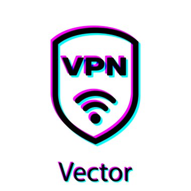Vpn ve wifi kablosuz internet ağı simge simgesi beyaz arka plan üzerinde izole ile Siyah Kalkan. Vpn güvenlik kavramını koruyun. Vektör İllüstrasyonu
