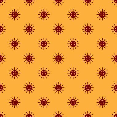 Kahverengi arka plan üzerinde gülümseme simgesi izole dikişsiz desen ile Red Cute güneş. Komik gülümseyen güneş. Mutlu güneşli bir gülümseme. Vektör İllüstrasyonu