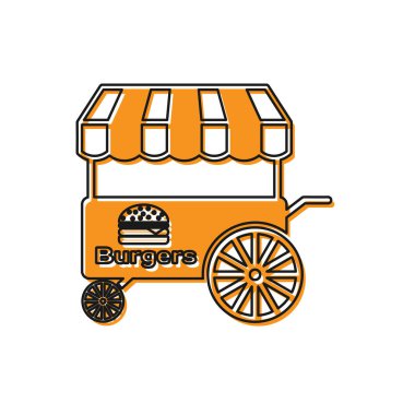 Beyaz arka plan üzerinde izole tente simgesi ile Turuncu Fast street gıda sepeti. Burger veya hamburger simgesi. Şehir köşkü. Vektör İllüstrasyonu