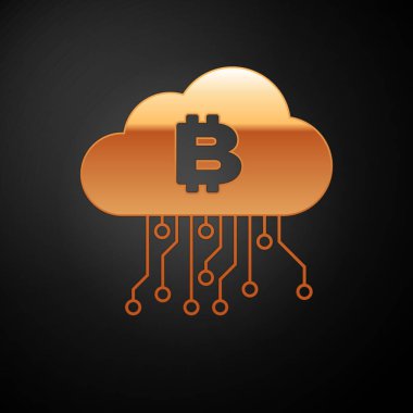Siyah arka planda yalıtılmış Altın Cryptocurrency bulut madenciliği simgesi. Blockchain teknolojisi, bitcoin, dijital para piyasası, kripto para cüzdanı. Vektör İllüstrasyonu