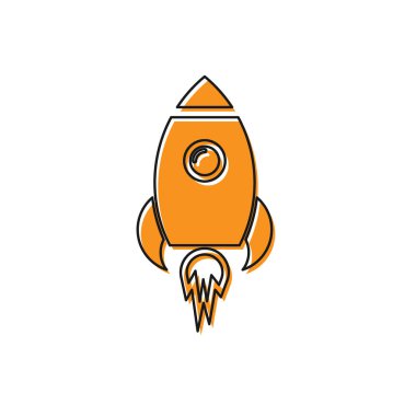Turuncu Roket gemi yangın simgesi beyaz arka plan üzerinde izole ile. Uzay yolculuğu. Vektör İllüstrasyonu