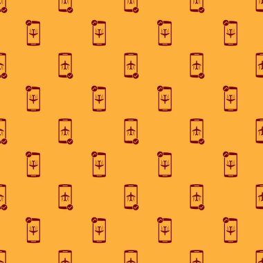 Cep telefonu simgesikırmızı Uçuş modu kahverengi arka plan üzerinde sorunsuz desen izole. Uçak veya uçak uçuş çevrimdışı modu yolcu yönetmeliği havayolu . Düz tasarım. Vektör İllüstrasyonu