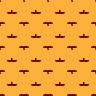 Diploma kahverengi arka plan üzerinde izole dikişsiz desen damga ve şerit simgesi ile kaydırma haddelenmiş. Balmumu mühür ile kağıt kaydırma. Mezuniyet konsepti. İş sertifikası. Düz tasarım. Vektör İllüstrasyonu