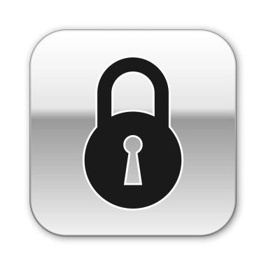 Beyaz arka planda yalıtılmış Siyah Kilit simgesi. Asma kilit işareti. Güvenlik, güvenlik, koruma, gizlilik kavramı. Gümüş kare düğme. Vektör İllüstrasyonu