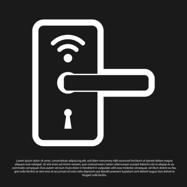 Siyah arka planda yalıtılmış simge kilidini açmak için kablosuz teknolojiye sahip Siyah Dijital kapı kilidi. Kapı kolu işareti. Kavramın güvenlik akıllı ev. Vektör İllüstrasyonu