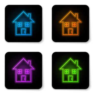 Beyaz arka planda izole parlayan neon House simgesi. Ev sembolü. Siyah kare düğme. Vektör İllüstrasyonu