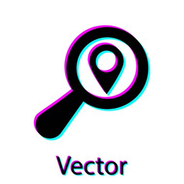 Beyaz arka planda yalıtılmış Siyah Arama konum simgesi. İşaretçi işareti ile büyüteç. Vektör İllüstrasyonu