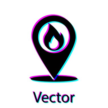 Beyaz arka planda izole edilmiş yangın alevi simgesine sahip Siyah Harita işaretçisi. Yakındaki yangın. Vektör İllüstrasyonu