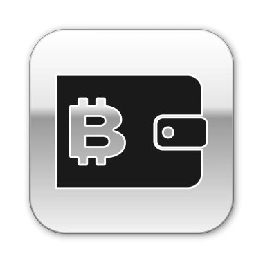 Beyaz arka planda yalıtılmış Siyah Cryptocurrency cüzdan simgesi. Cüzdan ve bitcoin işareti. Madencilik konsepti. Para, ödeme, nakit, ödeme simgesi. Gümüş kare düğme. Vektör İllüstrasyonu