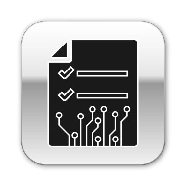 Siyah Smart sözleşme simgesi beyaz arka planda yalıtılmış. Blockchain teknolojisi, kripto para madenciliği, bitcoin, altcoins, dijital para piyasası. Gümüş kare düğme. Vektör İllüstrasyonu