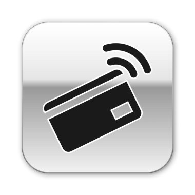 Beyaz arka planda izole edilmiş nfc kart simgesine sahip Siyah Temassız ödeme. Radyo dalga işareti olan kart. Kredi kartı ödemesi. Gümüş kare düğme. Vektör İllüstrasyonu