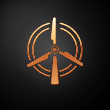 Altın Dönen rüzgar türbini simgesi siyah arka plan üzerinde izole. Rüzgar jeneratörü işareti. Yel değirmeni silueti. Elektrik enerjisi üretimi için yel değirmeni. Vektör İllüstrasyonu