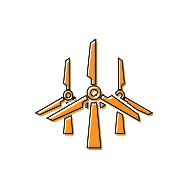Turuncu Rüzgar türbinleri simgesi beyaz arka plan üzerinde izole. Rüzgar jeneratörü işareti. Yel değirmeni silueti. Elektrik enerjisi üretimi için yel değirmenleri. Vektör İllüstrasyonu