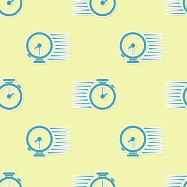 Yeşil Kronometre simgesi, sarı arka plan üzerinde kesintisiz desen yalıtılmış. Zaman layıcı işareti. Düz tasarım. Vektör İllüstrasyonu