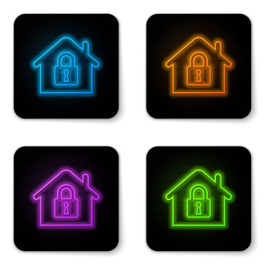 Beyaz arka plan üzerinde izole koruma simgesi altında Parlayan neon House. Eve ve kilitle. Koruma, güvenlik, güvenlik, koruma, savunma konsepti. Siyah kare düğme. Vektör İllüstrasyonu