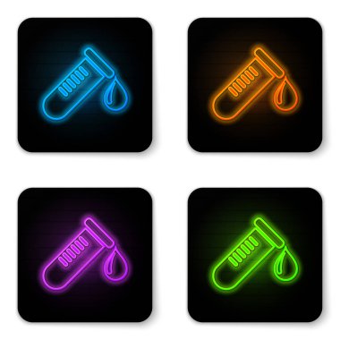 Beyaz arka planda izole kan simgesi damla ile Parlayan neon Test tüpü veya şişe. Laboratuvar, kimyasal, bilimsel cam işareti. Siyah kare düğme. Vektör İllüstrasyonu