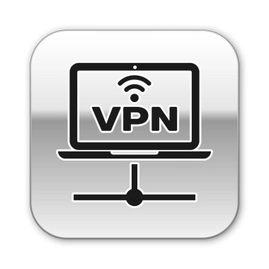 Siyah Vpn Bilgisayar ağ simgesi beyaz arka planda yalıtılmış. Dizüstü bilgisayar ağı. İnternet bağlantısı. Gümüş kare düğme. Vektör İllüstrasyonu