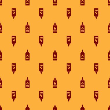 Kırmızı Ketçap şişe simgesi kahverengi arka plan üzerinde dikişsiz desen izole. Yangın alev simgesi. Barbekü ve Barbekü ızgara sembolü. Vektör İllüstrasyonu