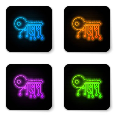 Beyaz arka planda yalıtılmış parlayan neon Cryptocurrency anahtar simgesi. Siber güvenlik veya özel anahtar kavramı, teknoloji arayüzü ile dijital anahtar. Siyah kare düğme. Vektör İllüstrasyonu