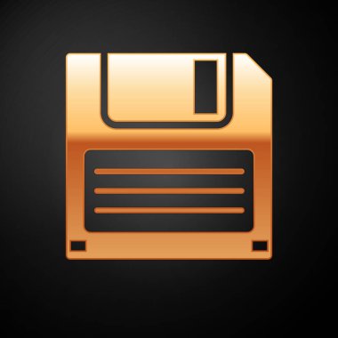 Siyah arka planda yalıtılmış bilgisayar veri depolama simgesi için Altın Disket diski. Disket işareti. Vektör İllüstrasyonu