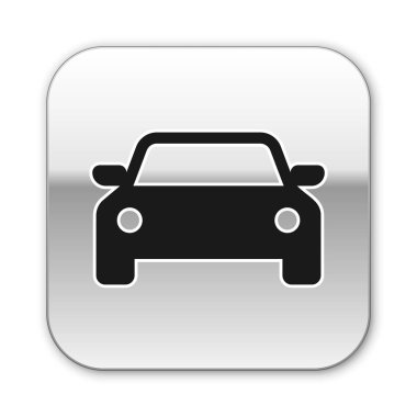 Siyah Araba simgesi beyaz arka planda yalıtılmış. Gümüş kare düğme. Vektör İllüstrasyonu