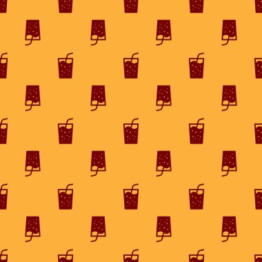 Kırmızı Cam su simgesi ile izole kahverengi arka plan üzerinde dikişsiz desen. Soda, pipetli bardak içilir. Taze soğuk içecek sembolü. Vektör İllüstrasyonu