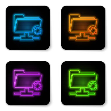 Beyaz arka planda yalıtılmış parlayan neon Ftp eşitleme simgesi. Yazılım güncelleştirme, transfer protokolü, yönlendirici, takım çalışması araç yönetimi, kopyalama süreci kavramı. Siyah kare düğme. Vektör İllüstrasyonu