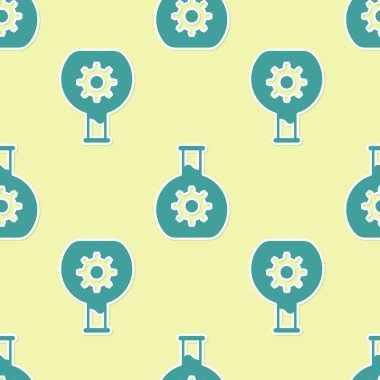 Yeşil Biyomühendislik simgesi sarı arka plan üzerinde sorunsuz desen izole. Genetik ve biyomühendislik simgesinin unsuru. Biyoloji, molekül, kimyasal ikon. Düz tasarım. Vektör İllüstrasyonu