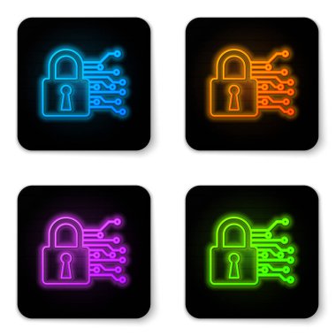 Beyaz arka planda izole parlayan neon Cyber güvenlik simgesi. Dijital devre kartında kapalı asma kilit. Güvenlik konsepti. Dijital veri koruması. Siyah kare düğme. Vektör İllüstrasyonu