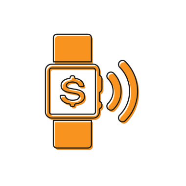 Turuncu Temassız ödeme simgesi beyaz arka planda yalıtılmış. Kablosuz temassız işlemler yapan nfc teknolojisine sahip smartwatch. Vektör İllüstrasyonu