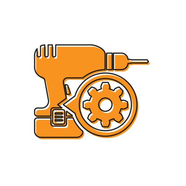 Turuncu Matkap makinesi ve dişli simgesi beyaz arka plan üzerinde izole. Uygulama, servis konsepti, ayar seçenekleri, bakım, onarım, sabitleme ayarlama. Vektör İllüstrasyonu