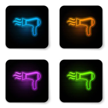 Beyaz arka planda izole parlayan neon Saç kurutucu simgesi. Saç kurutma makinesi işareti. Saç kurutma sembolü. Sıcak hava üflüyor. Siyah kare düğme. Vektör İllüstrasyonu