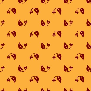 Kırmızı Elektrik tasarruf fişi yaprak simgesi kahverengi arka plan üzerinde izole dikişsiz desen. Enerji elektrik simgesi kaydedin. Çevre koruma simgesi. Biyo enerji. Vektör İllüstrasyonu