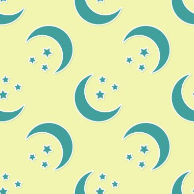 Yeşil Ay ve yıldızlar simgesi sarı arka plan üzerinde izole kesintisiz desen. Düz tasarım. Vektör İllüstrasyonu