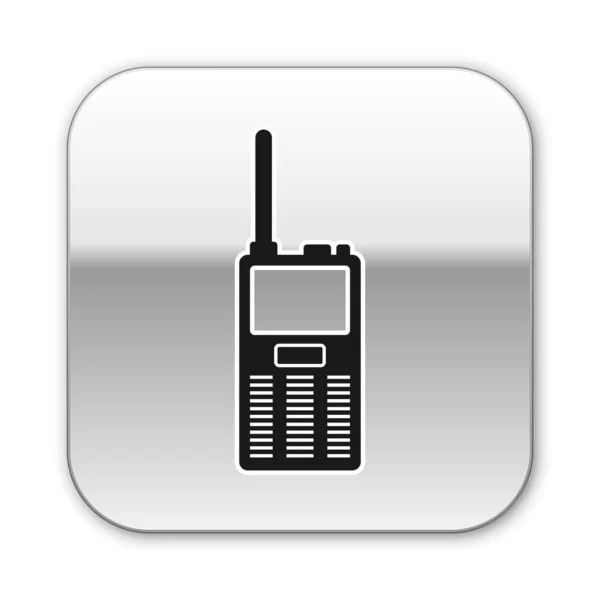 Negro Walkie talkie icono aislado sobre fondo blanco. Icono del transmisor de radio portátil. Señal del transceptor de radio. Botón cuadrado plateado. Ilustración vectorial — Archivo Imágenes Vectoriales