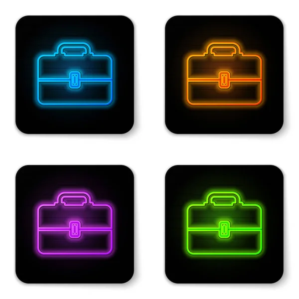 Glowing neon Toolbox icon isolated on white background. Tool box sign. Black square button. Vector Illustration — Stock Vector