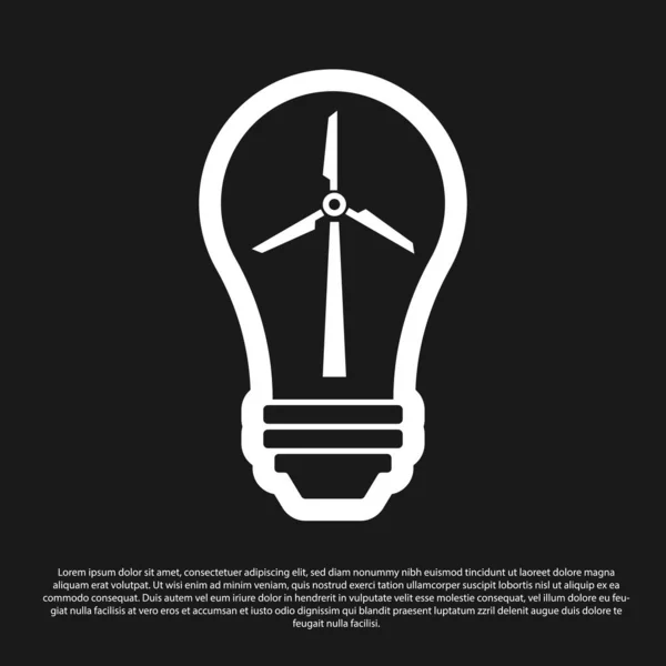 Bombilla de luz negra con turbina eólica como idea de fuente ecológica de energía icono aislado sobre fondo negro. Concepto de energía alternativa. Ilustración vectorial — Vector de stock
