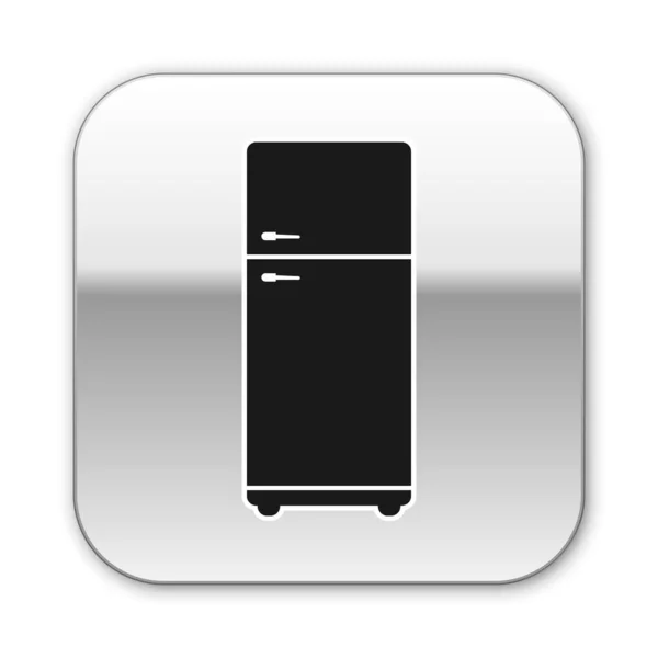 Icono del refrigerador negro aislado sobre fondo blanco. Refrigerador congelador refrigerador. Tecnología y electrodomésticos. Botón cuadrado plateado. Ilustración vectorial — Archivo Imágenes Vectoriales