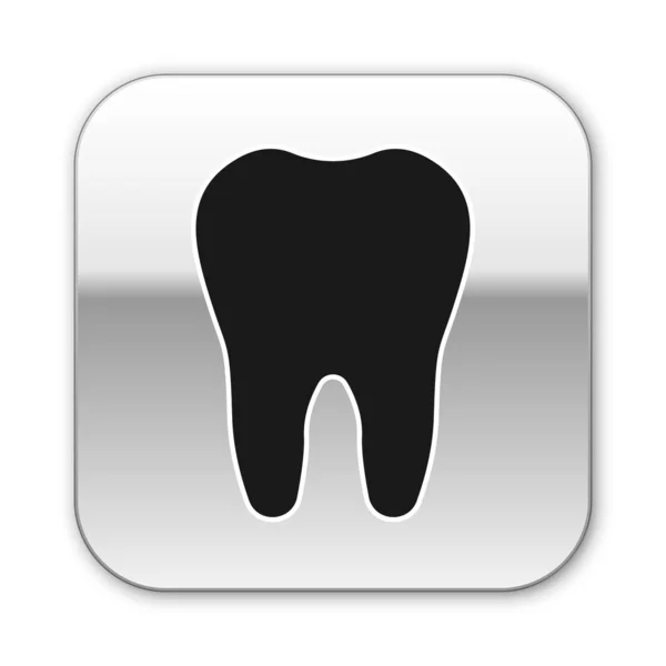 Черный зуб значок изолирован на белом фоне. Символ зуба для стоматологической клиники или стоматологического медицинского центра и упаковки зубной пасты. Серебряная кнопка. Векторная миграция — стоковый вектор