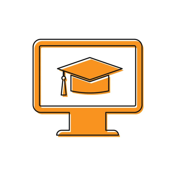 Moniteur d'ordinateur orange avec icône de chapeau de graduation isolé sur fond blanc. Concept d'apprentissage en ligne ou d'apprentissage en ligne. Symbole de connaissance Internet. Illustration vectorielle — Image vectorielle