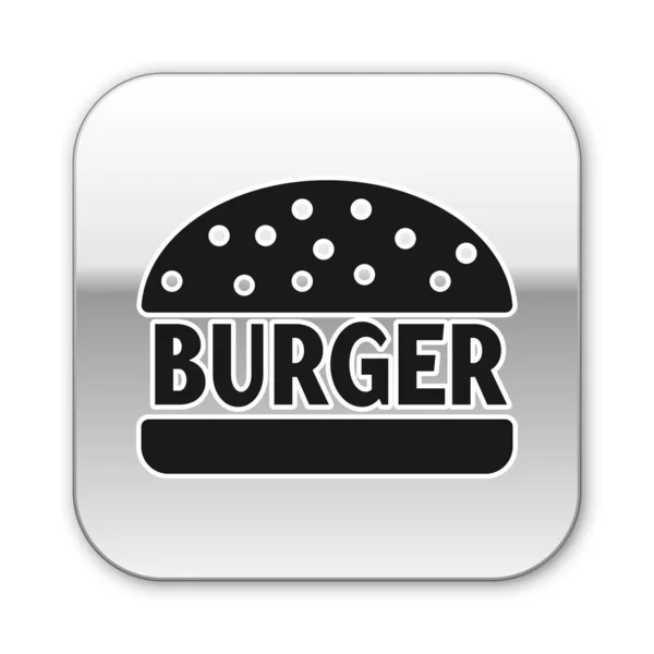 Ikon Burger hitam diisolasi pada latar belakang putih. Ikon hamburger. Cheeseburger sandwich sign. Tombol persegi perak. Ilustrasi Vektor - Stok Vektor
