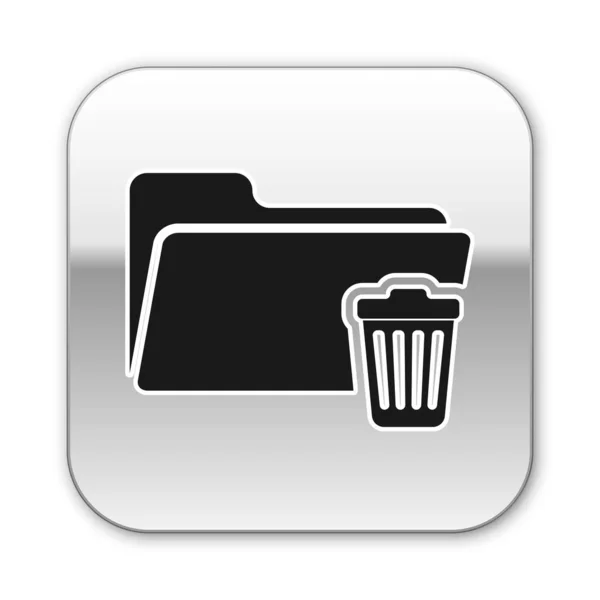 Black Delete folder icon isolated on white background. Folder with recycle bin. Delete or error folder. Close computer information folder sign. Silver square button. Vector Illustration — Stock Vector