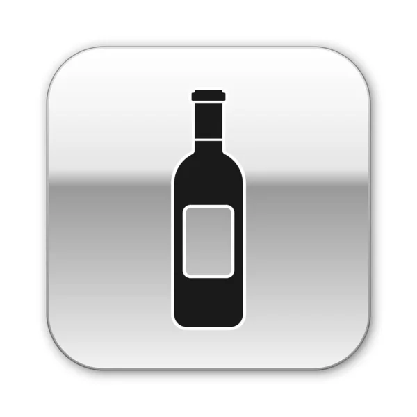 Icono de botella de vino negro aislado sobre fondo blanco. Botón cuadrado plateado. Ilustración vectorial — Vector de stock