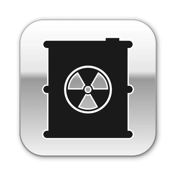 Fekete radioaktív hulladékok hordó ikon izolált fehér háttér. Toxikus KEG. Radioaktív hulladékkibocsátás, környezetszennyezés. Ezüst négyzet gombot. Vektoros illusztráció — Stock Vector